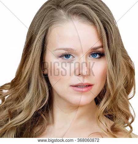 Comparison Portrait Of Adult Woman With And Without Makeup. Isolated On White.