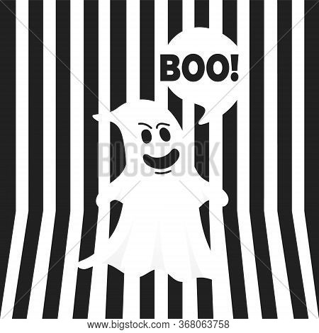 Boo Ghost Halloween Message Concept. Flying Halloween Funny Spooky Ghost Character Say Boo With Text