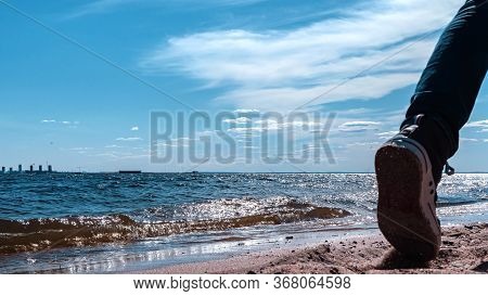 Seascape. Sandy Beach On The Sea On A Sunny Day With Beautiful Clouds.