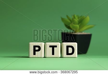 Ptd - Business Concept On A Green Background. Wooden Cubes And Flower In A Pot.