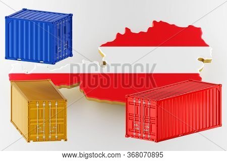 Austria Map Image With Flag. Freight Shipping In Containers. Export From The Country In Containers. 