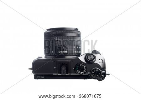 TORONTO, CANADA â April 26, 2020: The Canon EOS M6 is a digital mirrorless interchangeable-lens camera announced by Canon on February 14, 2017, and released in April 2017.