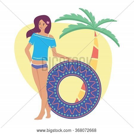 Woman Enjoy Resting On The Beach With Inflatable Circle, Flat Cartoon Illustration. Vector Compositi