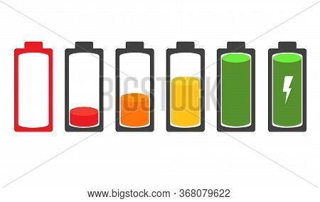 Battery Level Set. Charge Process, Indicator, Low And Full Battery Symbols. Flat Vector Illustration