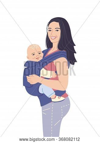 Young Mother Carrying Her Little Child. Smiling Woman And Baby In Ergo Backpack Isolated On White Ba