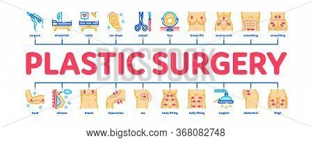 Plastic Surgery Clinic Minimal Infographic Web Banner Vector. Scissors And Scalpel Doctor Instrument