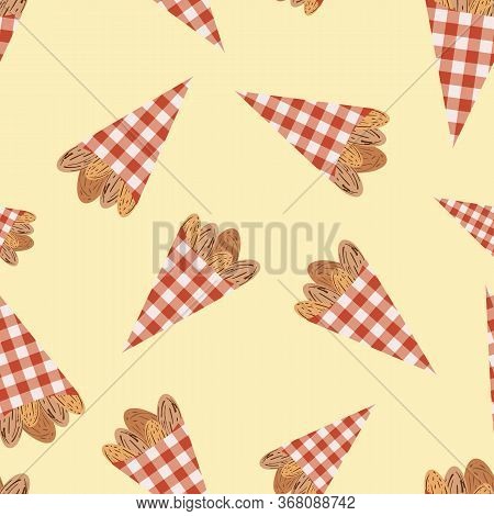 Vector Roasted Almond Nuts In Cute Red Gingham Paper Bags Seamless Pattern Background. Brown Oval Se