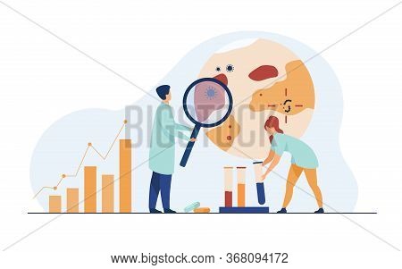 Scientists Studying Virus In Laboratory. Doctors Using Analyzing Microscopic Bacteria, Samples In Gl