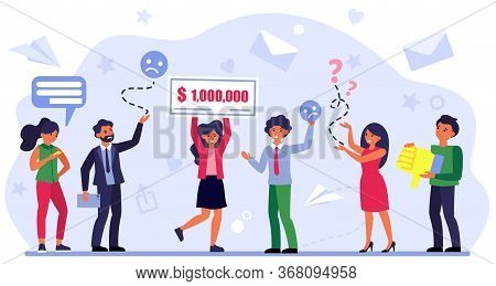 Happy Woman Winning Money Prize. Winner And Losers, Competitors, Rivals Flat Vector Illustration. Co