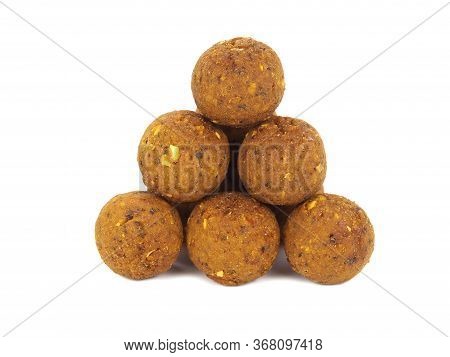 Pile Of Brown Boilies, Fishing Baits, Isolated On White Background