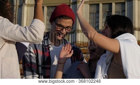 Multicultural Cheerful Friends Giving High Five Gesture Feel Exc