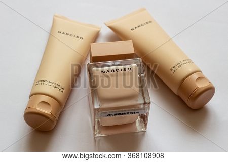Grodno, Belarus - 05.25.2020: Close-up Set Of Narciso Rodriguez Poudree Eau De Parfum, Cream Shower 