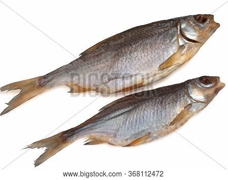 Two Dried Salted Roach Fish On A White Background