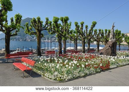 Public Garden On The Lakefront At Lugano On Switzerland