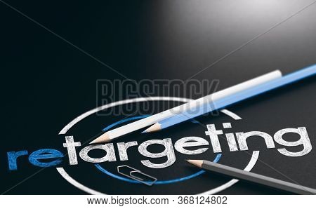 3d Illustration Of The Word Retargeting Written With Wooden Pencils Over Black Background.