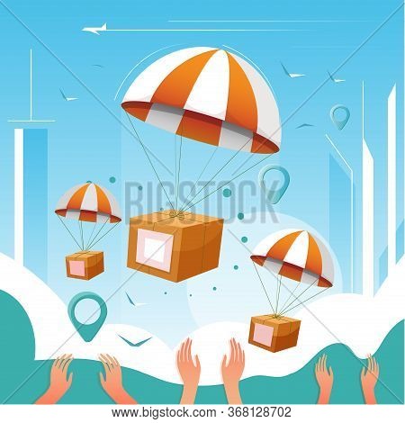 Boxes In Parachute Over Outstretched Arms. Fast Online Delivery From Phone. Flat Cartoon Vector Colo