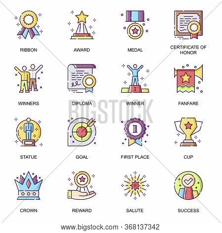 Personal Success Flat Icons Set. Award Ceremony, Fanfare And Salute, Medal And Diploma, Certificate 