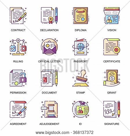 Legal Documents Flat Icons Set. Contact, Agreement, Declaration, Diploma, Certificate, Official Lett