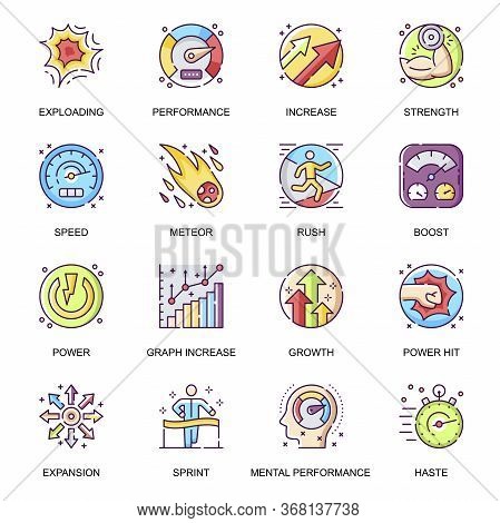 Mental Performance Flat Icons Set. Power Hit, Boost And Rush, Exploding And Increase, Expansion And 