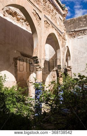 Yard With An Arcade. Wild Growing Various Plants In The Middle. Ruins Of An Abandoned Building. Brig