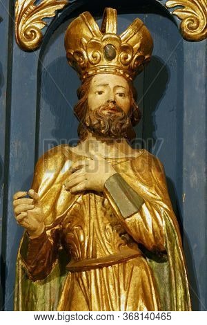 ZAGREB, CROATIA - NOVEMBER 03, 2012: Saint Ladislaus of Hungary, statue on the high altar in the Parish church of St. Barbara in Vrapce, Zagreb, Croatia