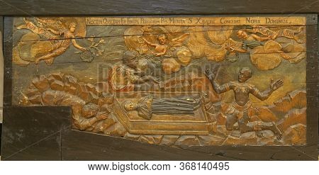 ZAGREB, CROATIA - NOVEMBER 12, 2012: The death of Saint Francis Xavier, Our Lady's Altar in Franciscan church of St. Francis Xavier in Zagreb, Croatia