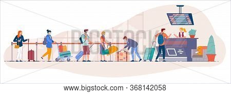 Airport Check In Desk. Traveler Queue From Airport Terminal Check In Counter For Drop-off Luggage To
