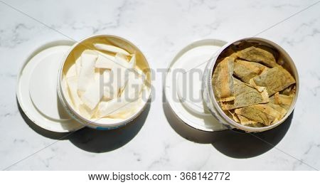 Two Boxes Of Snus, A Wet Powder Tobacco Product. Swedish Snus, Chewing Tobacco, Swedish Nicotine, Ch