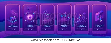 Isometric Delivery Service With Truck At Warehouse, Mobile App Template Set, Smart Logistics Company