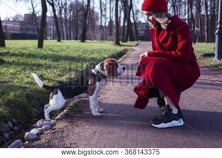 Pretty Young Girl In Redd Coat Playing With Dog Outside In Green Park, Lifestyle People Concept