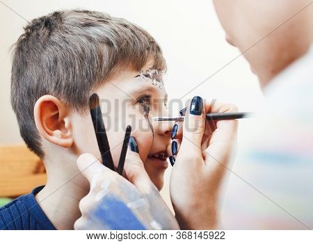 Little Cute Child Making Facepaint On Birthday Party, Zombie Apocalypse Facepainting, Halloween Prep