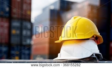 Multicolored Safety Construction Worker Hats. Teamwork Of The Construction Team Must Have Quality. W