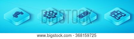 Set Isometric Wild West Covered Wagon, Revolver Cylinder, Wild West Saloon And Stacks Paper Money Ca