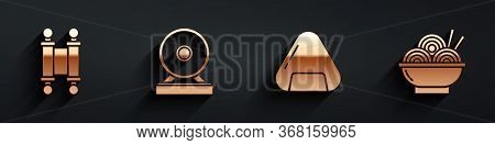 Set Decree, Paper, Parchment, Scroll, Gong, Sushi And Asian Noodles In Bowl Icon With Long Shadow. V