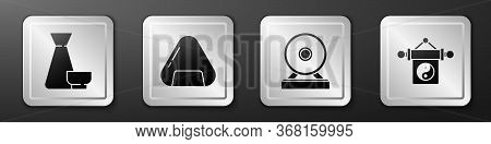 Set Chinese Tea Ceremony, Sushi, Gong And Yin Yang Icon. Silver Square Button. Vector.