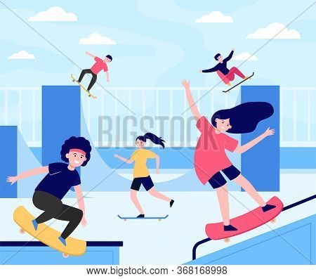 Fun Extreme Skateboard Park Flat Vector Illustration. Cartoon Teenagers Jumping And Doing Tricks Wit