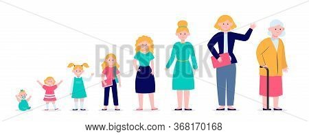 Woman From Infant To Pensioner Evolution. Adult, Life, Cycle Flat Vector Illustration. Growth Cycle 