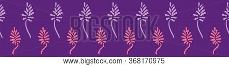Rows Of Purple Leaves Horizontal Vector Border Print. Nature Themed Surface Print Design In Bold Col