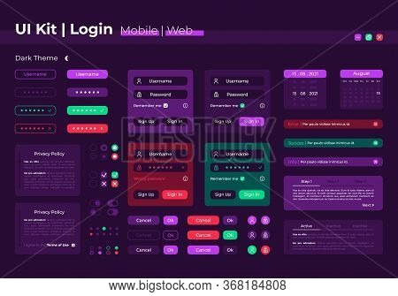 Login Ui Elements Kit. Registration Form. System Authorization Isolated Vector Icon, Bar And Dashboa