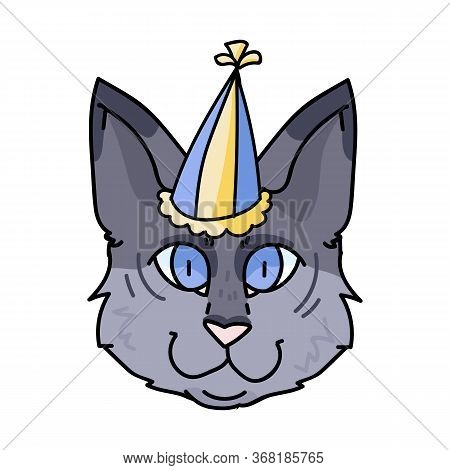 Cute Cartoon Munchkin Cat Face With Party Hat Vector Clipart. Pedigree Kitty Breed For Cat Lovers. P