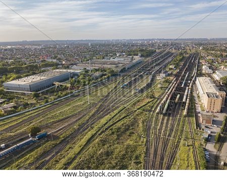 Bataysk. Russia. 09/2019. Rail Station Logistic Terminal Aerial Drone Shot.