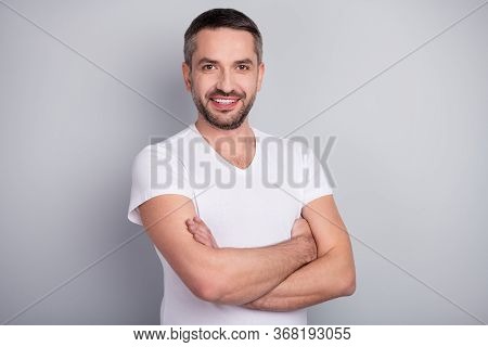 Close-up Portrait Of His He Nice Attractive Cheerful Cheery Content Guy Wearing Tsirt Folded Arms Is