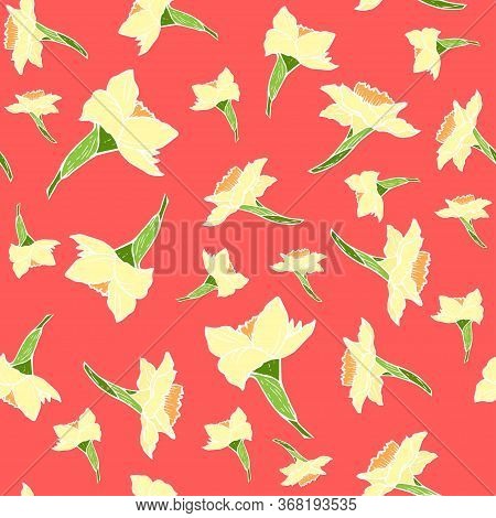 Pattern With Daffodils On An Orange Background, Stock Vector Illustration For Design Decor, Print, F
