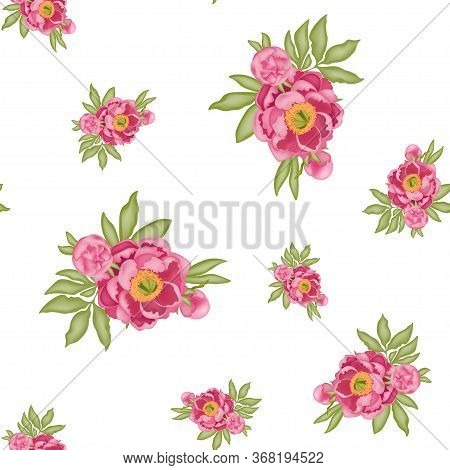 Pattern With Pink Peonies And Green Leaves Isolated On A White Background, Stock Vector Illustration