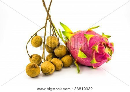 Longan And Dragon Fruit On White Background