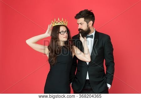 It Is Narcissism. Beauty Queen And Bearded Man. Egoistic Pride. Couple In Love Red Background. Pride
