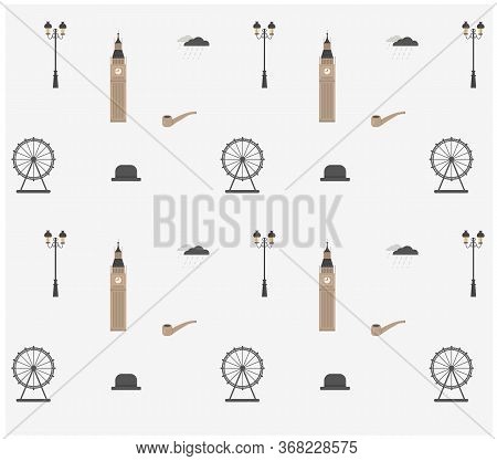 Seamless Pattern Of United Kingdom Tourist Attractions In Grey Color. Flat Vector. British Pattern. 