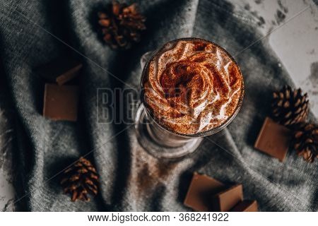 Glass Of Latte Macchiato, Delicious Hot Chocolate, Cup Of Coffee With Cinnamon, Chocolate And Cream,