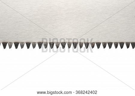 Metal Blade Of A Hacksaw For Wood With Sharp Teeth Closeup Isolated On White