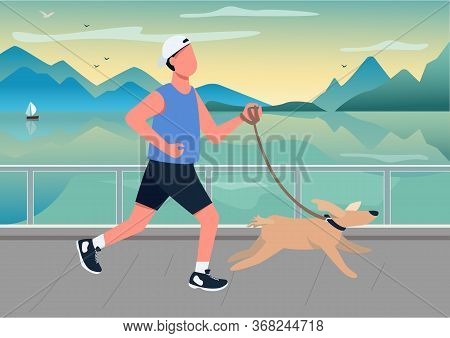 Man Running With Dog On Seafront Flat Color Vector Illustration. Person Walking Puppy At Seaside Qua